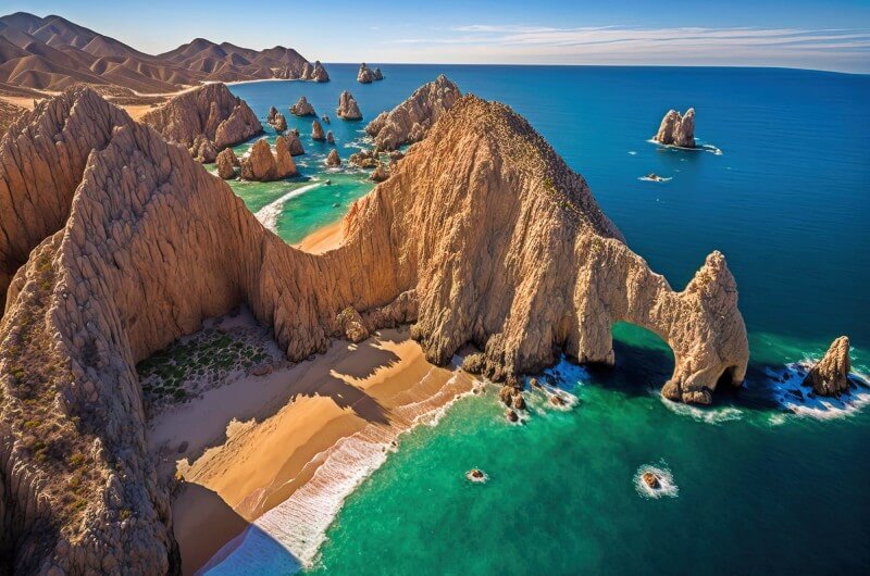 cabo-lands-end-and-beaches-beautiful-coastal-landscape-with-rock-formations-and-a-beach-The-photo-showing-the-contrast-between-the-turquoise-water-and-the-sandy-shore-The-rock-formations-are-tall-and-jagged-with-some-arches-and-tunnels-that-create-natural-bridges