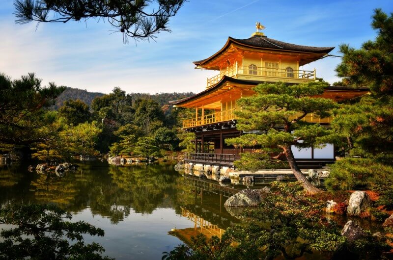 A traditional Japanese temple on an island in a pond with trees and rocks. The temple has a gold roof and a veranda. The sky is blue and the trees are green.